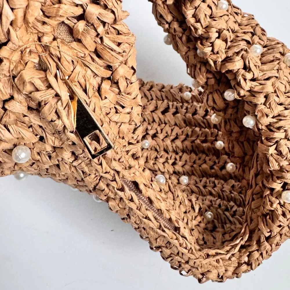 NWT Haute Hippie Straw Pearl-Embellished Woven Shoulder Hobo Bag in Natural Tan
